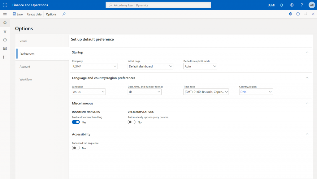 D365FO System wide options User options